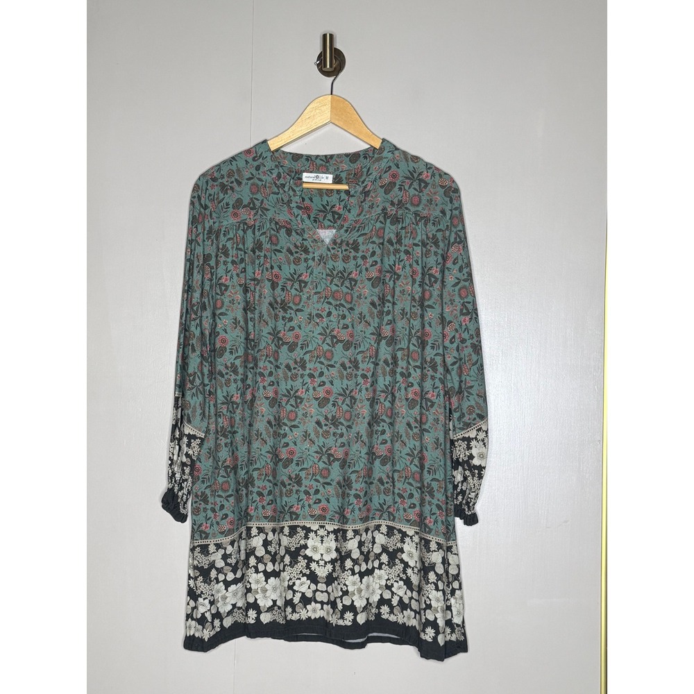 Natural Life Boho Floral Border Print Tunic Top Rayon Long Sleeve Medium